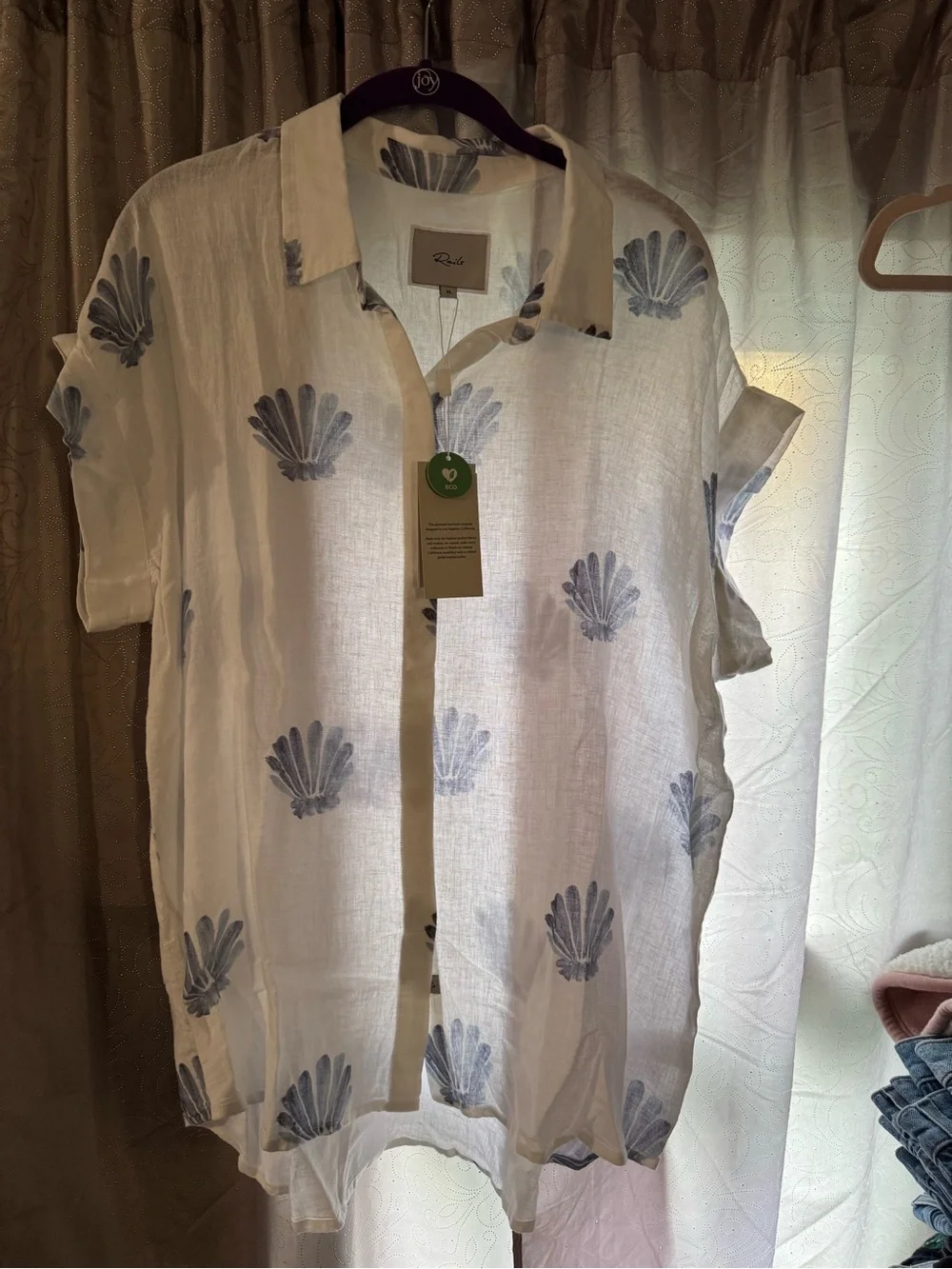 Rails White Linen Button-Down Shirt with Light Blue Shell Print